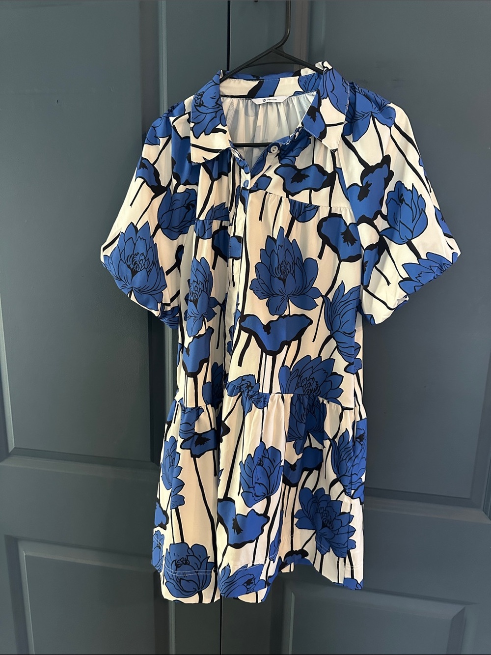 Blue Floral Short Sleeve Mini Dress - Feminine Floral Print